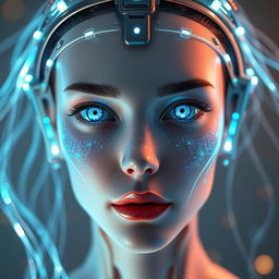 A hyper-realistic AI-generated face, showcasing intricate details such as glowing circuits and soft, luminous skin, with an ethereal glow emanating from the features
