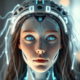 A hyper-realistic AI-generated face, showcasing intricate details such as glowing circuits and soft, luminous skin, with an ethereal glow emanating from the features