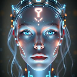 A hyper-realistic AI-generated face, showcasing intricate details such as glowing circuits and soft, luminous skin, with an ethereal glow emanating from the features