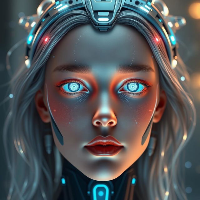 A hyper-realistic AI-generated face, showcasing intricate details such as glowing circuits and soft, luminous skin, with an ethereal glow emanating from the features