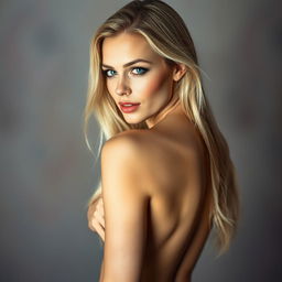 A stunning, confident German woman posing in a graceful and artistic nude form, showcasing her natural beauty