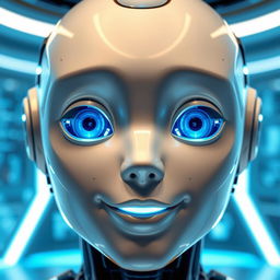 A close-up of a highly detailed, futuristic AI talking face, with glowing circuits and an expressive digital design