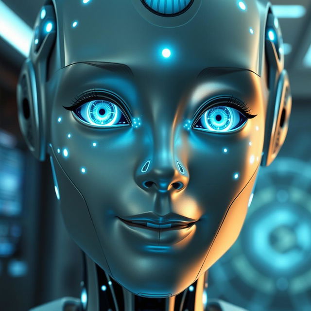 A close-up of a highly detailed, futuristic AI talking face, with glowing circuits and an expressive digital design