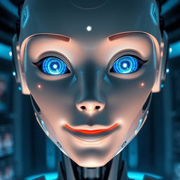 A close-up of a highly detailed, futuristic AI talking face, with glowing circuits and an expressive digital design