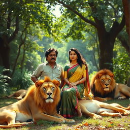 Ram Gopal Varma and Sridevi together in a lush, vibrant forest, surrounded by majestic lions lounging peacefully nearby