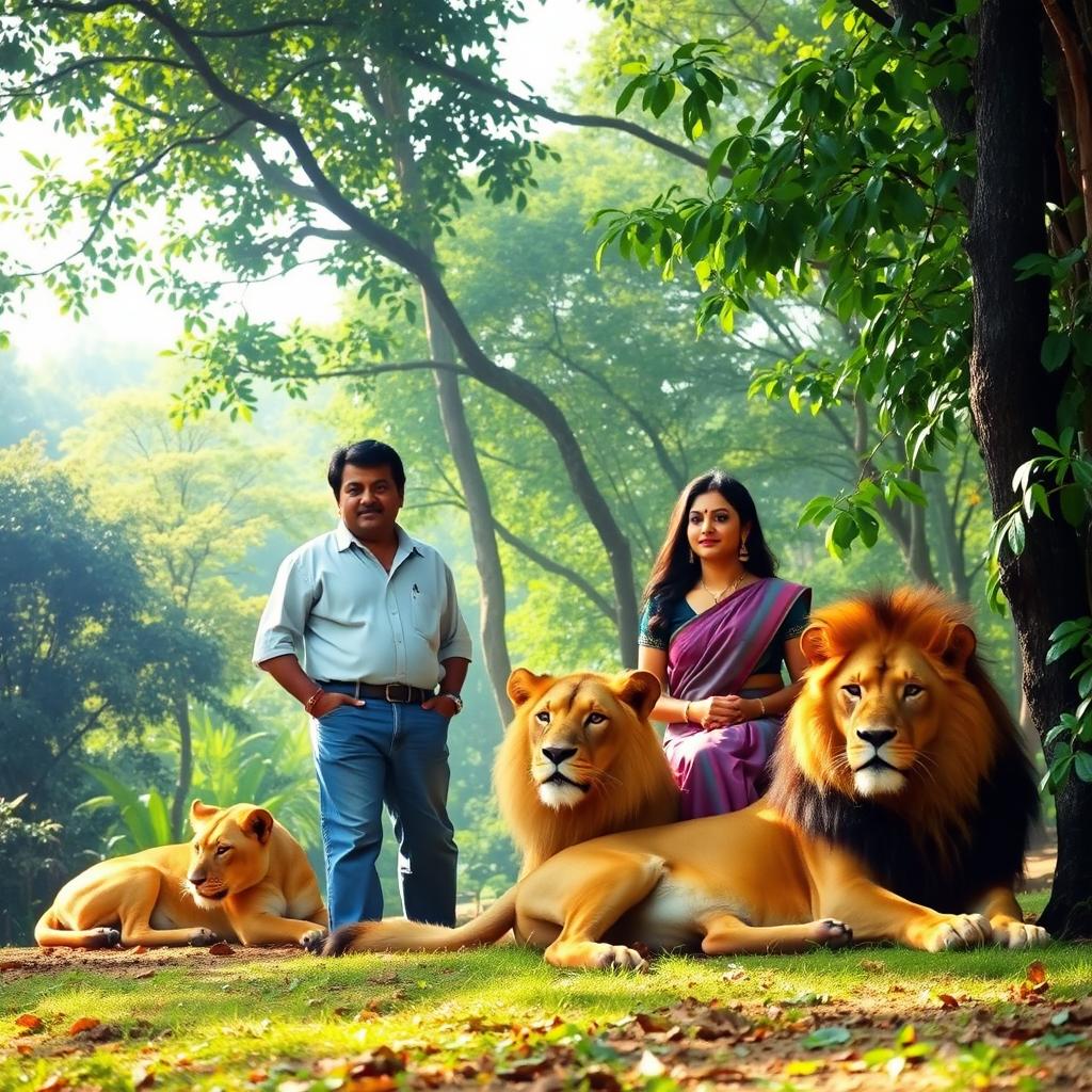 Ram Gopal Varma and Sridevi together in a lush, vibrant forest, surrounded by majestic lions lounging peacefully nearby
