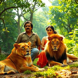 Ram Gopal Varma and Sridevi together in a lush, vibrant forest, surrounded by majestic lions lounging peacefully nearby