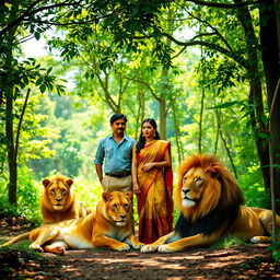 Ram Gopal Varma and Sridevi together in a lush, vibrant forest, surrounded by majestic lions lounging peacefully nearby