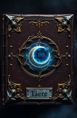 A dark fantasy novel cover designed to resemble a magical grimoire, featuring an aged leather texture with intricate gold and silver detailing forming arcane symbols and runes