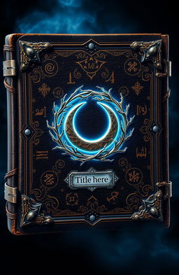 A dark fantasy novel cover designed to resemble a magical grimoire, featuring an aged leather texture with intricate gold and silver detailing forming arcane symbols and runes