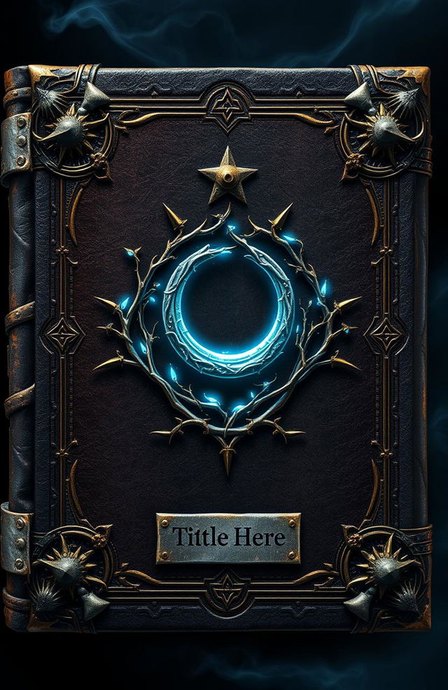 A dark fantasy novel cover designed to resemble a magical grimoire, featuring an aged leather texture with intricate gold and silver detailing forming arcane symbols and runes