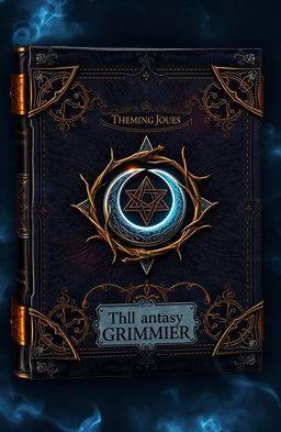 A dark fantasy novel cover designed to resemble a magical grimoire, featuring an aged leather texture with intricate gold and silver detailing forming arcane symbols and runes