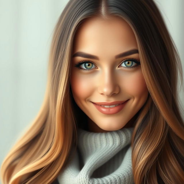 A digital portrait of a beautiful woman with long flowing hair, captivating features, and perfectly symmetrical eyes