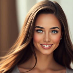 A digital portrait of a beautiful woman with long flowing hair, captivating features, and perfectly symmetrical eyes