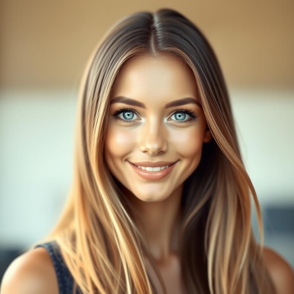 A digital portrait of a beautiful woman with long flowing hair, captivating features, and perfectly symmetrical eyes