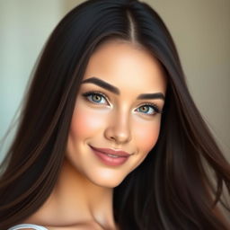 A digital portrait of a beautiful woman with long flowing hair, captivating features, and perfectly symmetrical eyes