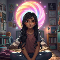 A girl named Nazli, sitting in her bedroom, in front of a large, glowing portal