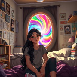 A girl named Nazli, sitting in her bedroom, in front of a large, glowing portal