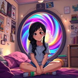 A girl named Nazli, sitting in her bedroom, in front of a large, glowing portal