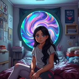 A girl named Nazli, sitting in her bedroom, in front of a large, glowing portal