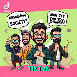 Create a bold and striking TikTok thumbnail showcasing famous Pakistani vloggers, including a cartoonish caricature of Ducky Bhai