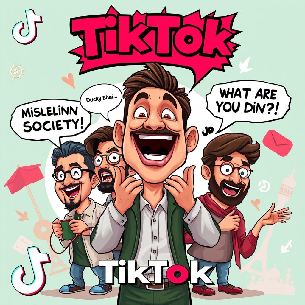 Create a bold and striking TikTok thumbnail showcasing famous Pakistani vloggers, including a cartoonish caricature of Ducky Bhai