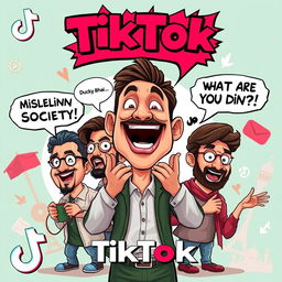 Create a bold and striking TikTok thumbnail showcasing famous Pakistani vloggers, including a cartoonish caricature of Ducky Bhai