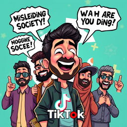 Create a bold and striking TikTok thumbnail showcasing famous Pakistani vloggers, including a cartoonish caricature of Ducky Bhai