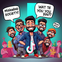 Create a bold and striking TikTok thumbnail showcasing famous Pakistani vloggers, including a cartoonish caricature of Ducky Bhai