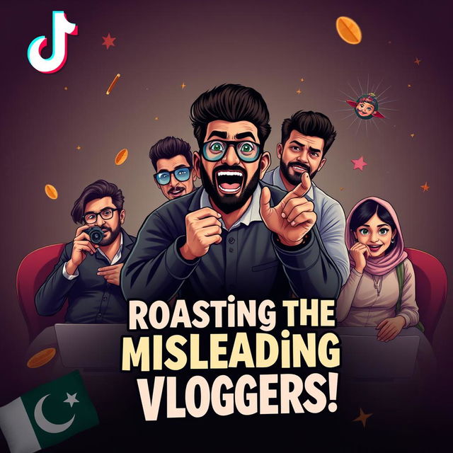 Design a professional TikTok thumbnail that critiques Pakistani vloggers, particularly featuring a stylized, semi-realistic portrayal of Ducky Bhai among other well-known vloggers