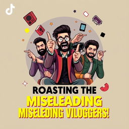 Design a professional TikTok thumbnail that critiques Pakistani vloggers, particularly featuring a stylized, semi-realistic portrayal of Ducky Bhai among other well-known vloggers