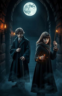 A captivating scene inspired by Hogwarts Legacy, featuring Sebastian Sallow, Ominis Gaunt, and Harriet Potter in a dark and mysterious environment
