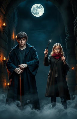A captivating scene inspired by Hogwarts Legacy, featuring Sebastian Sallow, Ominis Gaunt, and Harriet Potter in a dark and mysterious environment