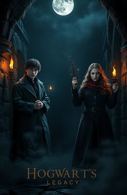 A captivating scene inspired by Hogwarts Legacy, featuring Sebastian Sallow, Ominis Gaunt, and Harriet Potter in a dark and mysterious environment