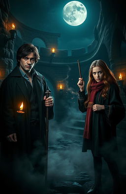 A captivating scene inspired by Hogwarts Legacy, featuring Sebastian Sallow, Ominis Gaunt, and Harriet Potter in a dark and mysterious environment