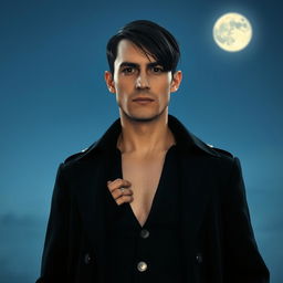 A tall 35-year-old European man with short straight black hair combed to the right side, black eyes, and light skin, standing under the moonlight