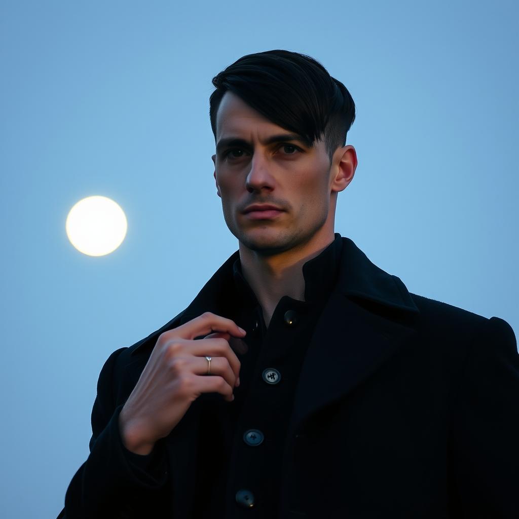 A tall 35-year-old European man with short straight black hair combed to the right side, black eyes, and light skin, standing under the moonlight