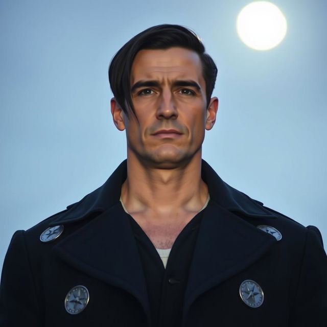 A tall 35-year-old European man with short straight black hair combed to the right side, black eyes, and light skin, standing under the moonlight