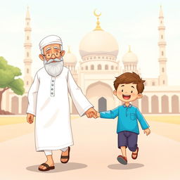 A heartwarming scene depicting a Muslim grandfather wearing a traditional white shalwar qameez, walking hand-in-hand with a cheerful little Muslim boy in a bright blue shirt