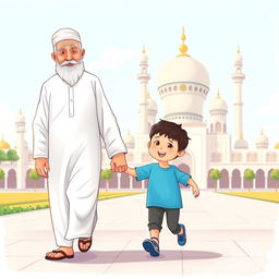 A heartwarming scene depicting a Muslim grandfather wearing a traditional white shalwar qameez, walking hand-in-hand with a cheerful little Muslim boy in a bright blue shirt