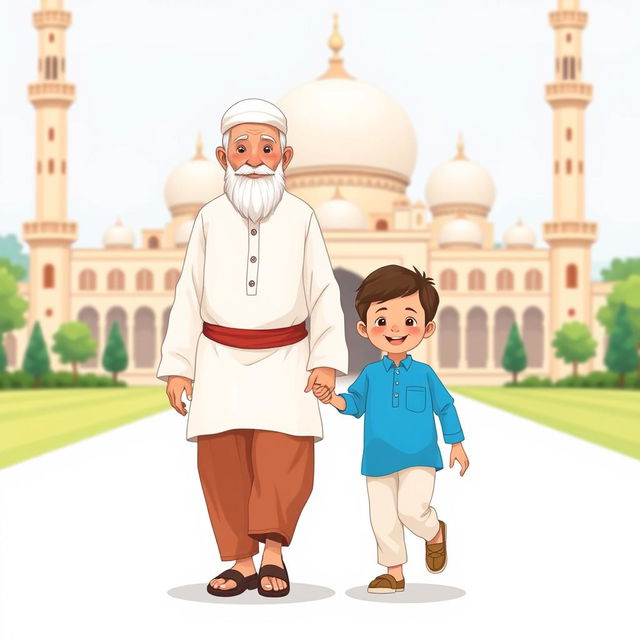 A heartwarming scene depicting a Muslim grandfather wearing a traditional white shalwar qameez, walking hand-in-hand with a cheerful little Muslim boy in a bright blue shirt