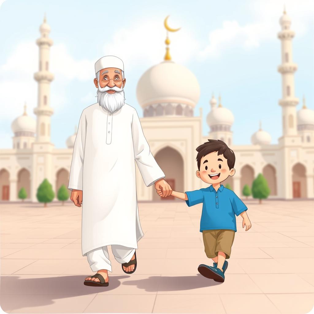 A heartwarming scene depicting a Muslim grandfather wearing a traditional white shalwar qameez, walking hand-in-hand with a cheerful little Muslim boy in a bright blue shirt