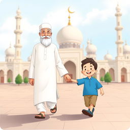 A heartwarming scene depicting a Muslim grandfather wearing a traditional white shalwar qameez, walking hand-in-hand with a cheerful little Muslim boy in a bright blue shirt