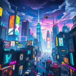 A vibrant cyberpunk cityscape bathed in the neon glow of various colorful lights at night