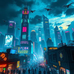 A vibrant cyberpunk cityscape bathed in the neon glow of various colorful lights at night