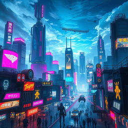 A vibrant cyberpunk cityscape bathed in the neon glow of various colorful lights at night