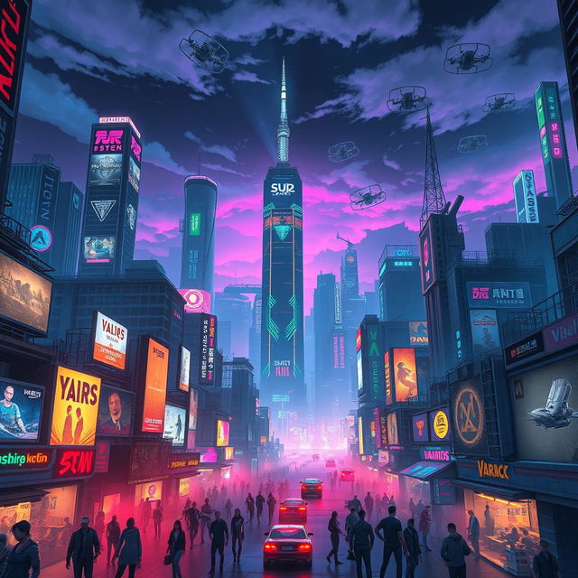 A vibrant cyberpunk cityscape bathed in the neon glow of various colorful lights at night