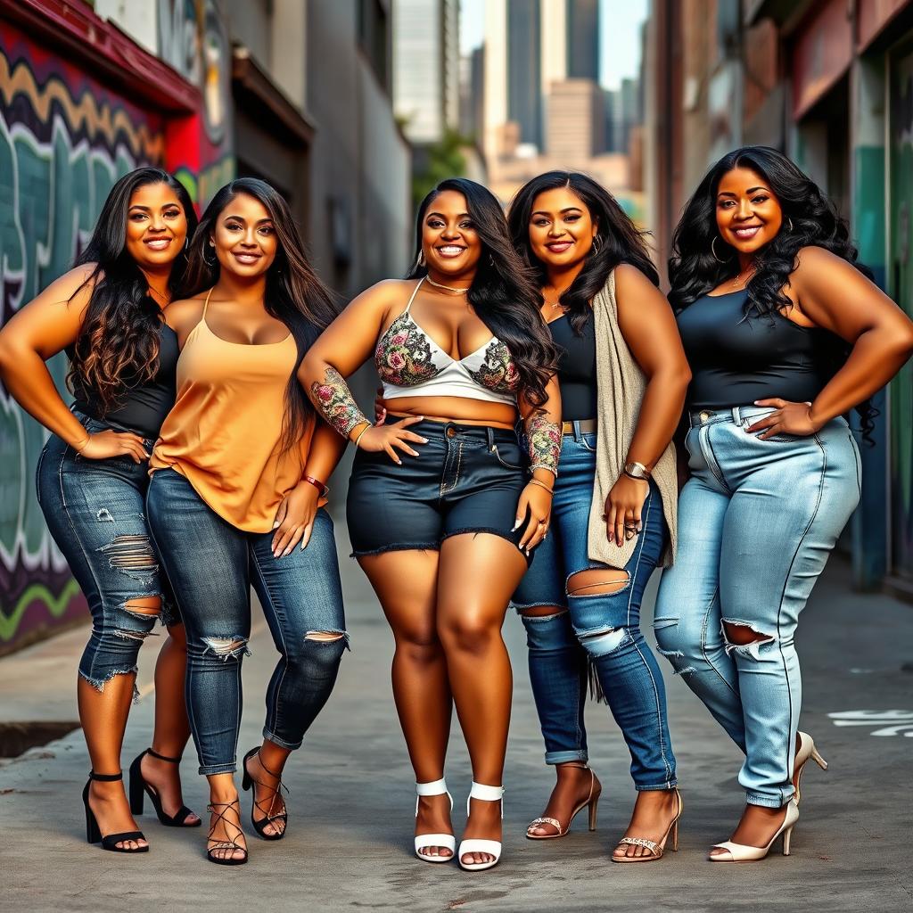 Beautiful and confident plus-size women posing confidently in stylish outfits, showcasing their curves, in a vibrant urban setting