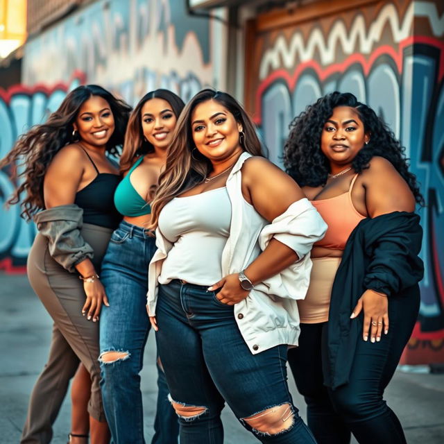 Beautiful and confident plus-size women posing confidently in stylish outfits, showcasing their curves, in a vibrant urban setting