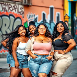 Beautiful and confident plus-size women posing confidently in stylish outfits, showcasing their curves, in a vibrant urban setting